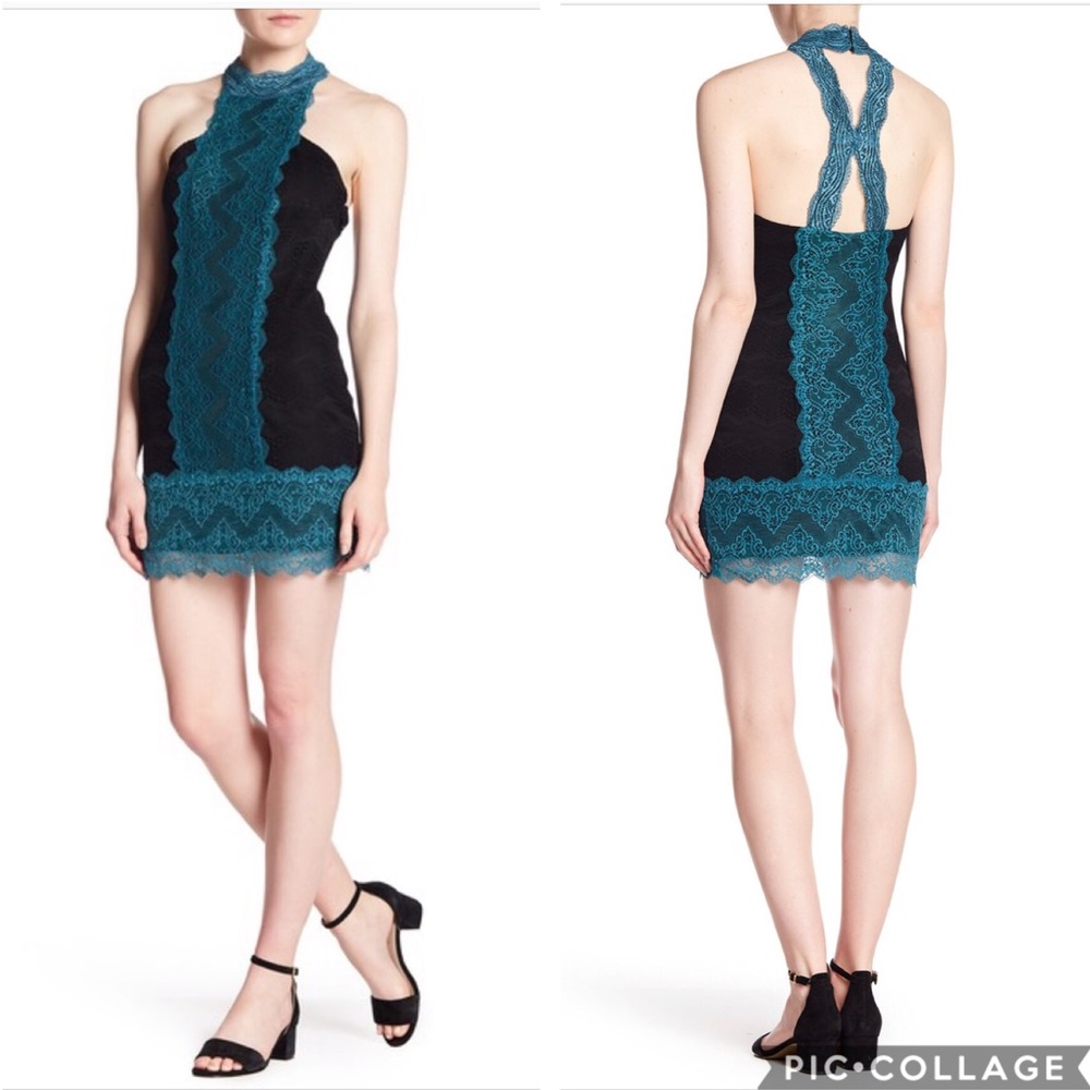 NWT Free People Black Teal Natasha Lace Bodycon dress
